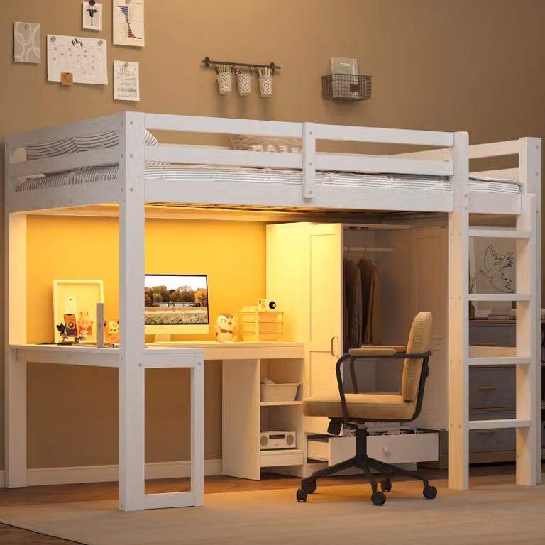 Letto a soppalco 140x200 cm con scrivania, scaffali, armadio, scala, porta USB e illuminazione a LED, 15 listelli, realizzato in MDF e legno di pino, colore bianco