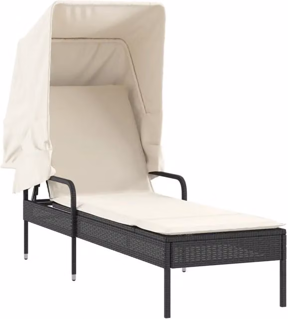 Lettino prendisole da giardino in polyrattan con baldacchino e poggiatesta regolabile, colore nero e bianco – 1