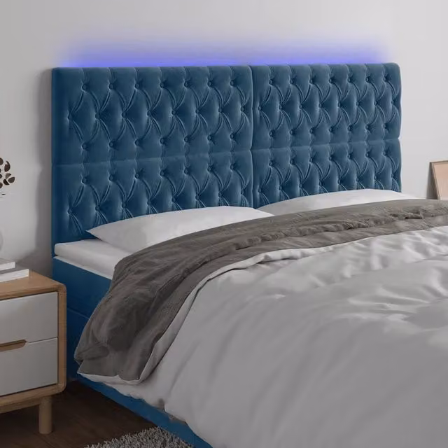 Testiera per letto vidaXL in velluto blu con illuminazione LED e porta di ricarica USB, L: 180 cm, P: 7 cm, H: 118-128 cm – 1