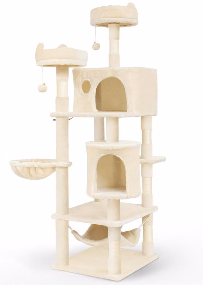 VOUNOT® Albero per gatti 168 cm, mobile multipiano per gatti XXL, con amaca a cesto, palline di peluche, tronchi spessi, albero da arrampicata per gatti, beige