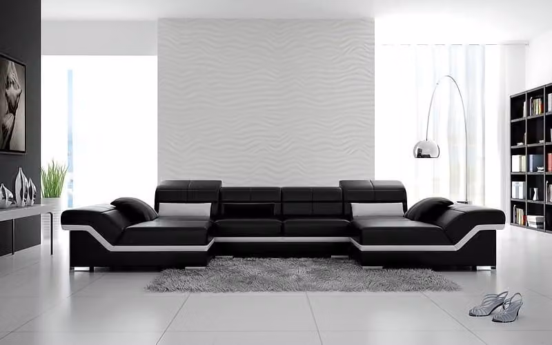 Ecksofa Sofa Couch Polster Wohnlandschaft Leder Ecke Garnitur U-Form Schwarze