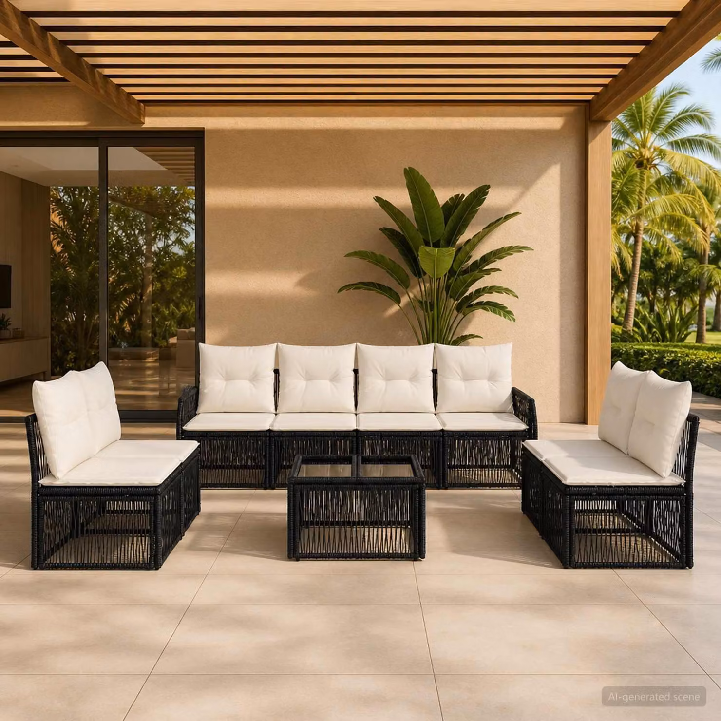 Maison Exclusive - Set da giardino composto da 9 pezzi. Divano e poltrone in rattan sintetico, colore nero e crema