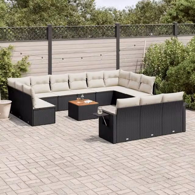 Set di Divani da Giardino VIDAXL a Forma di U in Polyrattan Nero con 14 Cuscini