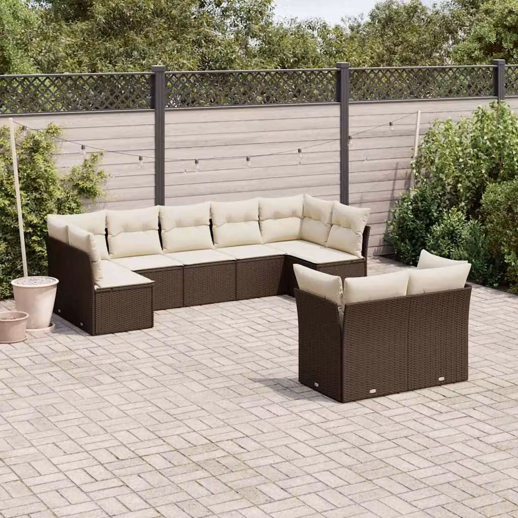 Set di divani da giardino vidaXL in polyrattan marrone con cuscini bianchi, 9 pezzi – 1