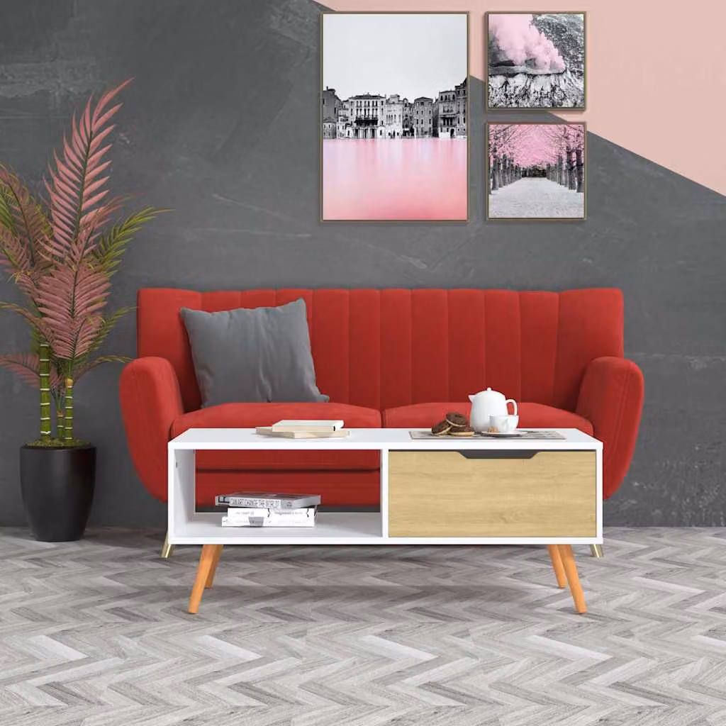 Tavolino da salotto vidaXL in legno e MDF, colore bianco e rovere, L: 100 cm, P: 49,5 cm, H: 43 cm