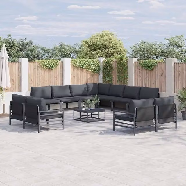 Set Divano da Giardino Moderno vidaXL a Forma a L con 11 Pezzi, Colore Antracite e Nero, in Acciaio Verniciato a Polvere con Cuscini Inclusi – 1