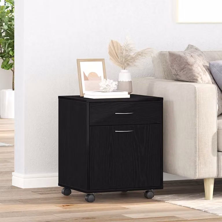 Mobile con ruote vidaXL nero con ante a battente e cassetti in legno ingegnerizzato, L 45 x P 38 x H 54 cm