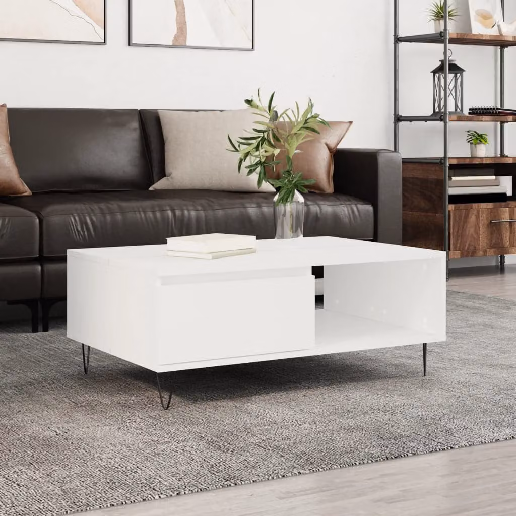 vidaXL Tavolino da Salotto Moderno Bianco in Legno e Metallo L: 90 cm, P: 60 cm, H: 35 cm