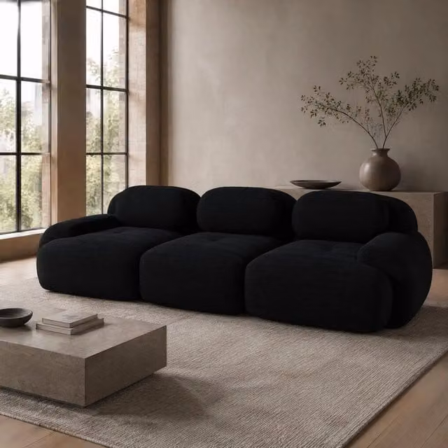 Divano angolare modulare senza struttura in velluto a coste nero; 298×103×70 cm