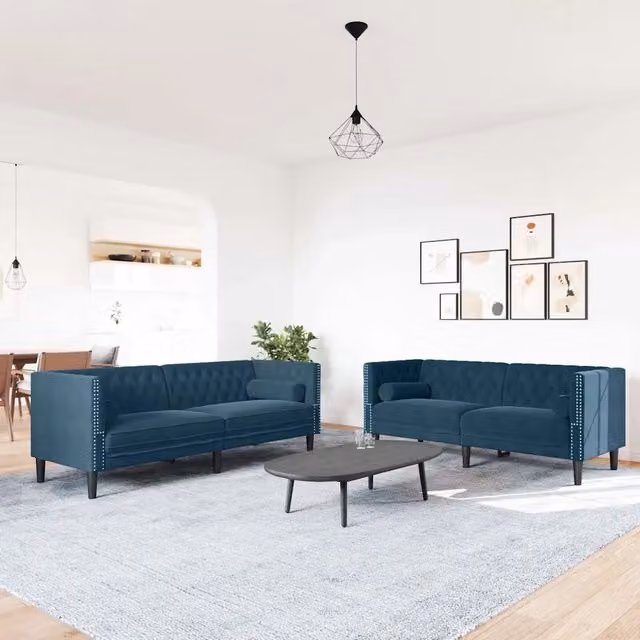 Set di 2 Divani Chesterfield vidaXL in Velluto Blu con Cuscini – 1