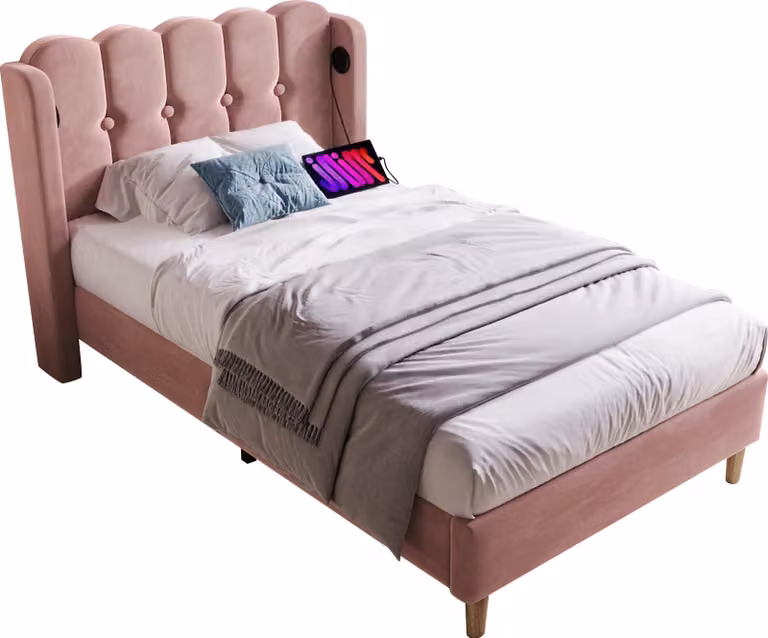 Letto imbottito 90x200 cm, color rosa, in velluto, con funzione di ricarica USB di tipo C e rete a doghe, ideale per la camera da letto