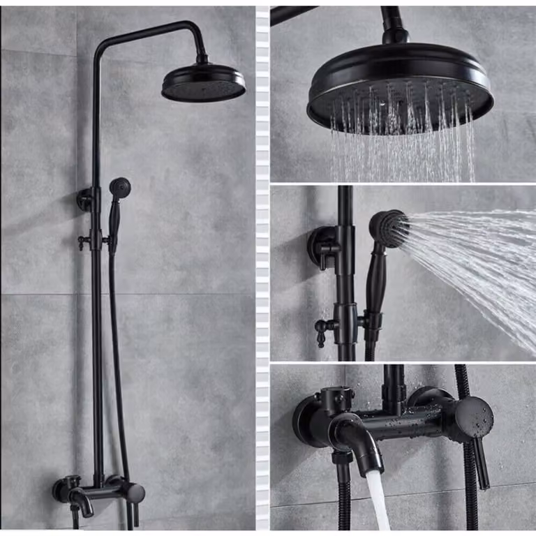 Set completo per doccia a parete, colore nero. Include soffione a pioggia, realizzati in acciaio inossidabile e ottone, per l'installazione in bagno