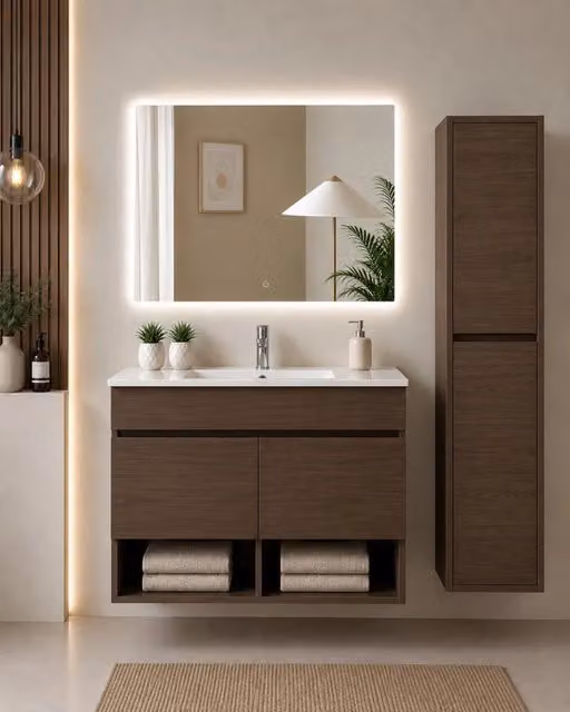 Mobile bagno sospeso con lavabo ORIGENBATH NEBARI con ante con colonna 70x45 cm frassino tea con colonna