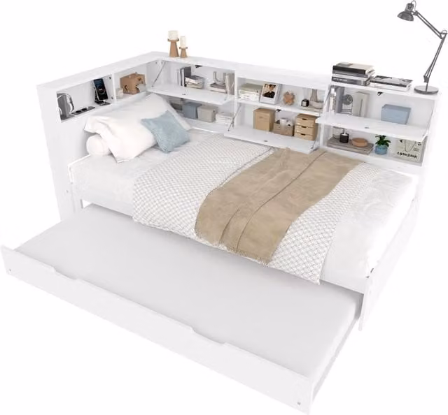 Letto Singolo a Divanetto Bianco con Vano Portaoggetti, Letto Estrattibile e Porte USB, L/P: 90 x 200 cm