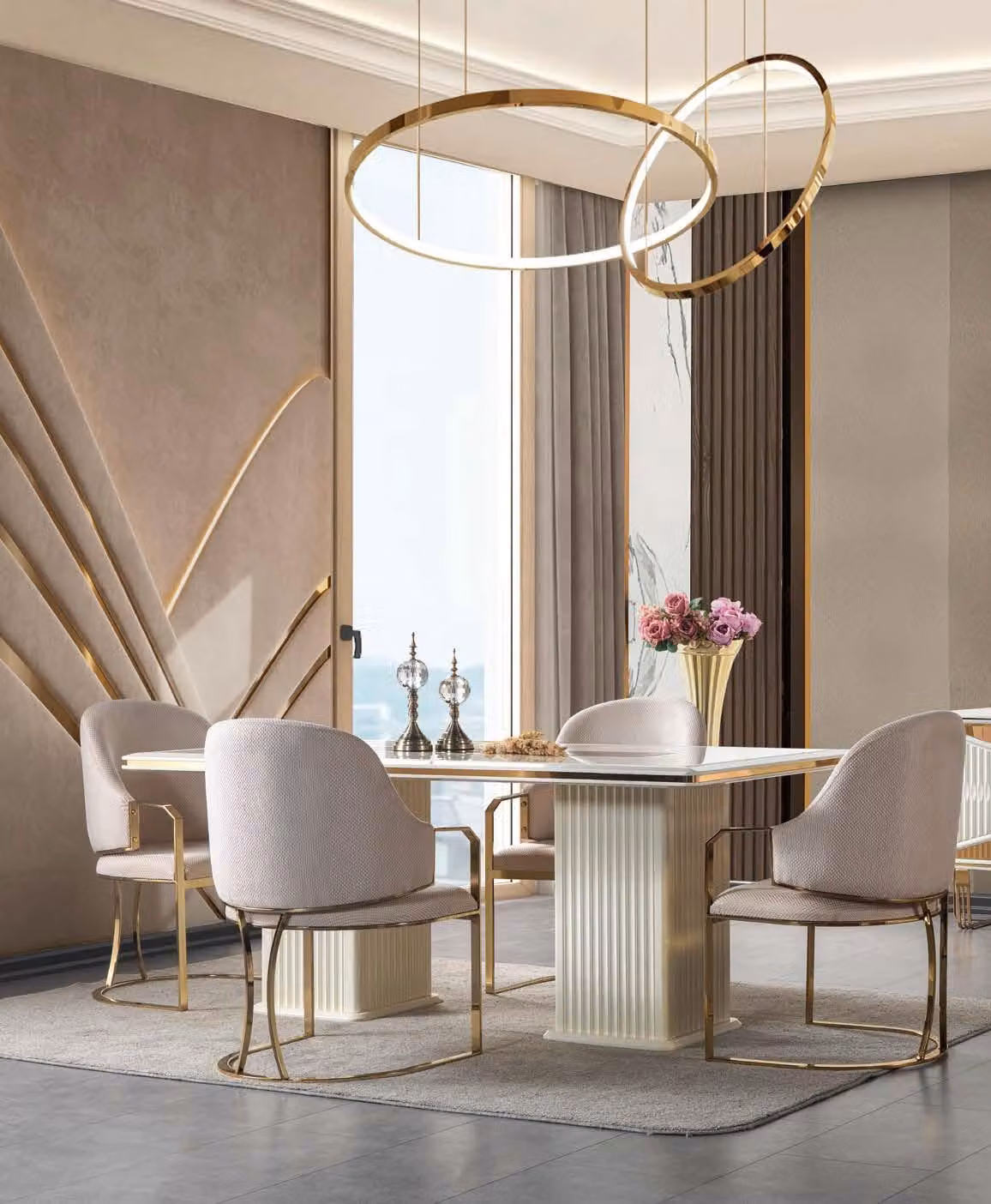Tavolo da pranzo, sedie, stile moderno, colore bianco, ambiente soggiorno, tessuti, metallo