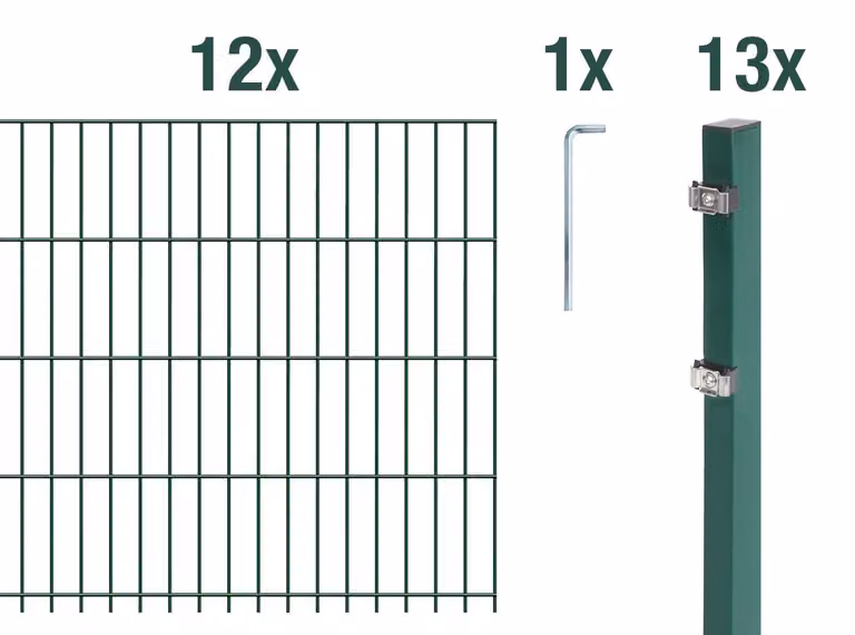 Recinzione a pannelli doppi, modello Alberts 672348, set completo da 26 elementi, rivestita in plastica, colore verde, altezza 203 cm, lunghezza 30 metri
