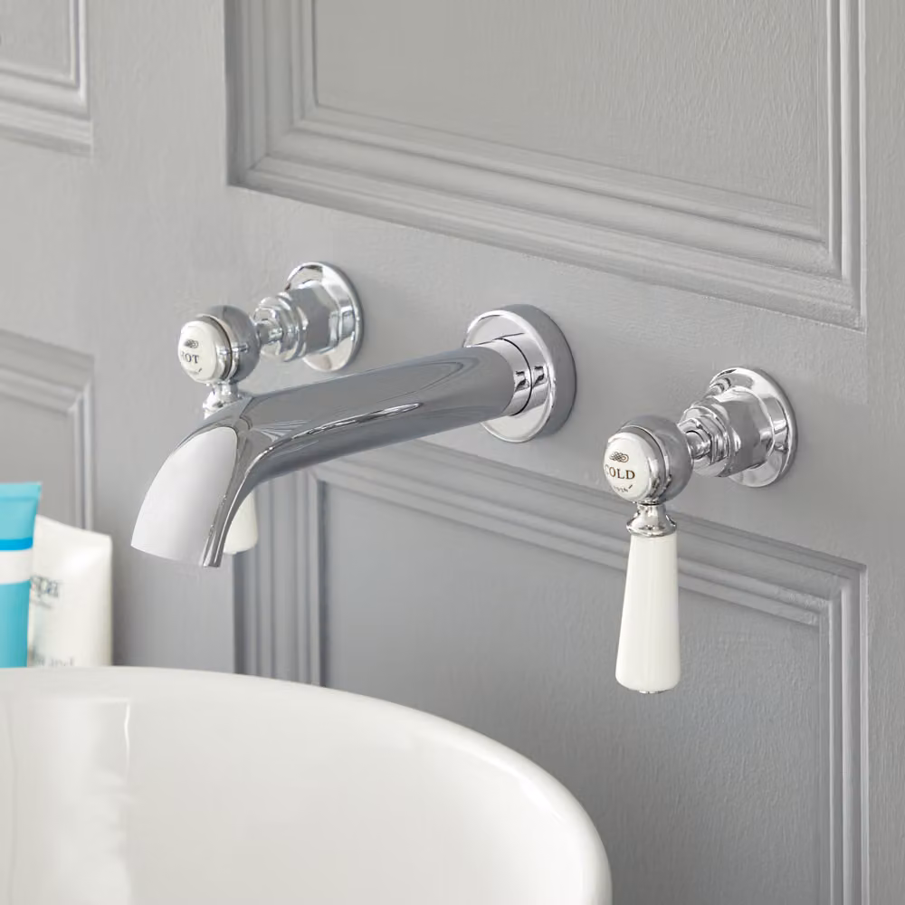 Rubinetto Lavabo Parete 3 Fori a Leva Cromo/Bianco - Stile Classico - Elizabeth