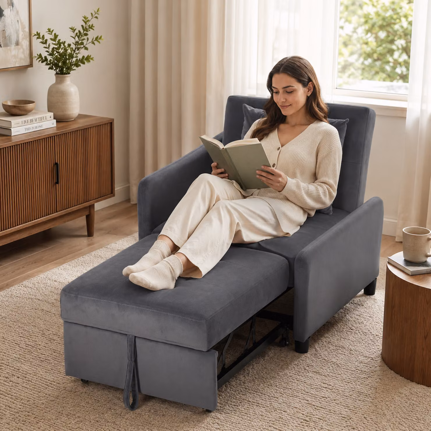 Poltrona Letto Singolo 4 in 1 HOMCOM in Velluto Grigio Scuro, Reclinabile e con Braccioli – 2