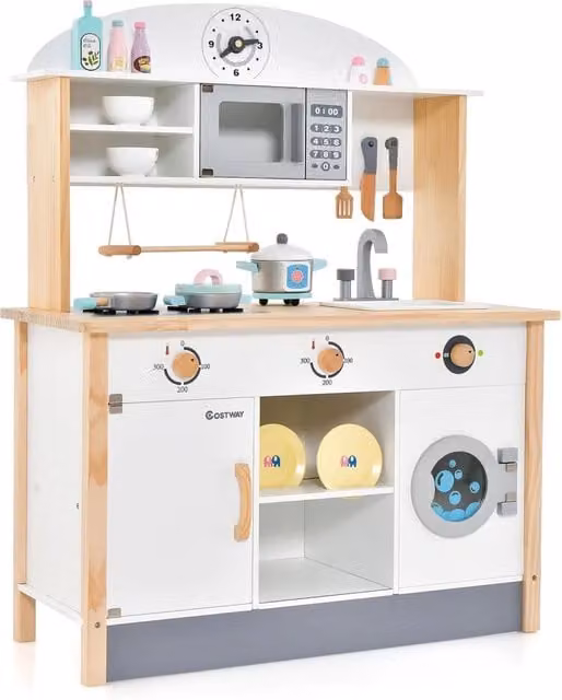 Cucina giocattolo Costway in legno bianco con accessori per il gioco creativo e sociale