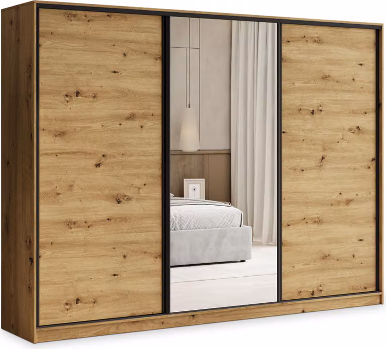 Armadio scorrevole Masseno TARI 235/205/58 cm Armadio con 4 cassetti Armadio per camera da letto a 3 ante con specchio Rovere Artisan