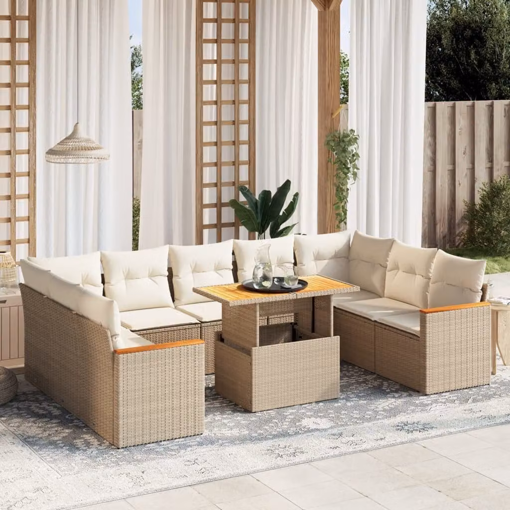 Set Divano da Giardino vidaXL 10 pz in Polyrattan con Cuscini Beige e Tavolino da Esterno – 1