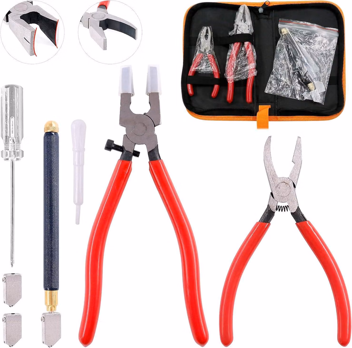 Set di 9 utensili per tagliare il vetro, con pinzette curve e accessori in gomma