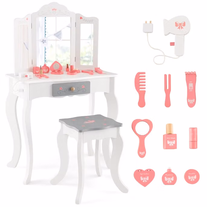 Set tavolo da trucco e sgabello Costway per bambine con specchio trittico pieghevole e cassetto, Bianco