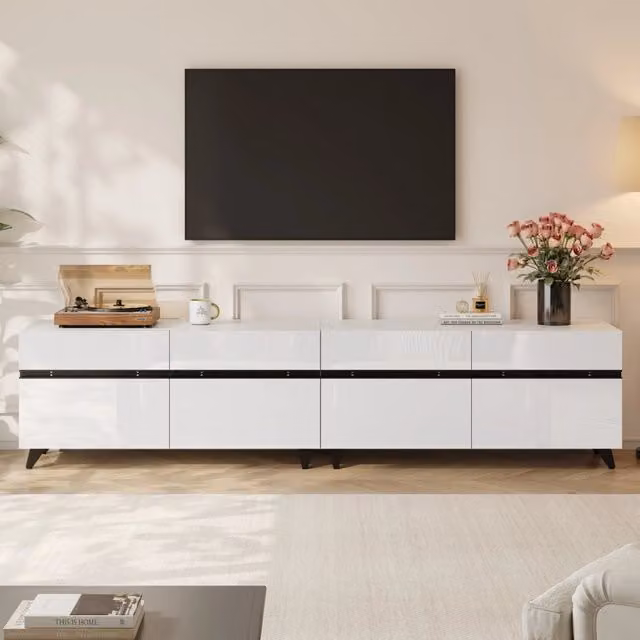 Mobile TV 180x40x49 cm, mobiletto basso lucido con 4 ante e ripiani regolabili, 8 gambe, portata 52 kg, per TV fino a 80 pollici