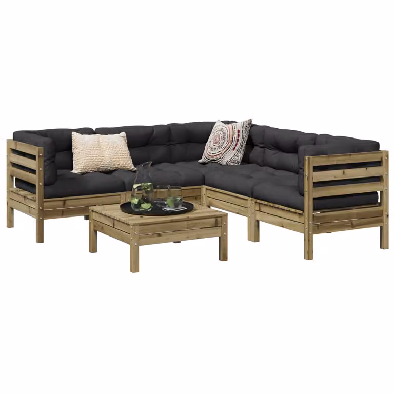 Set di Divani da Giardino vidaXL 6 Pezzi in Legno di Pino Trattato con Cuscini Imbottiti L-Shape Colore Marrone Antracite e Grigio