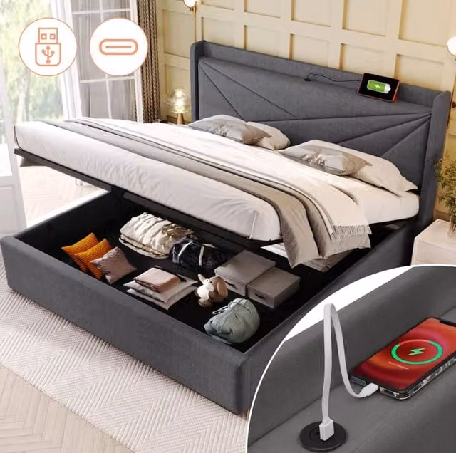 Letto matrimoniale MODFU con contenitore e testiera con porte USB, grigio, L: 160 cm, P: 200 cm
