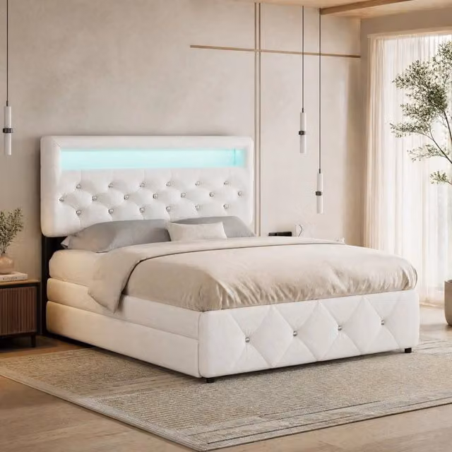 Letto matrimoniale imbottito 140 × 200 cm con letto estraibile, 2 cassetti e testiera regolabile bianco