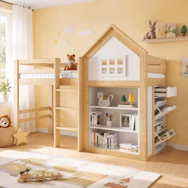 Letto a soppalco singolo Mivray per bambini in stile scandinavo con scala a gradini, 3 cassetti e ripiani, colore bianco e beige, L/P/H: 205 x 90 x 164,5 cm