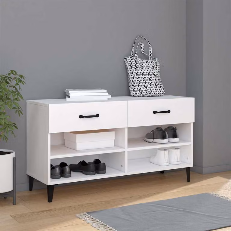 Scarpiera moderna vidaXL bianca in legno con ripiani e cassetti, L 102 x P 35 x H 55 cm