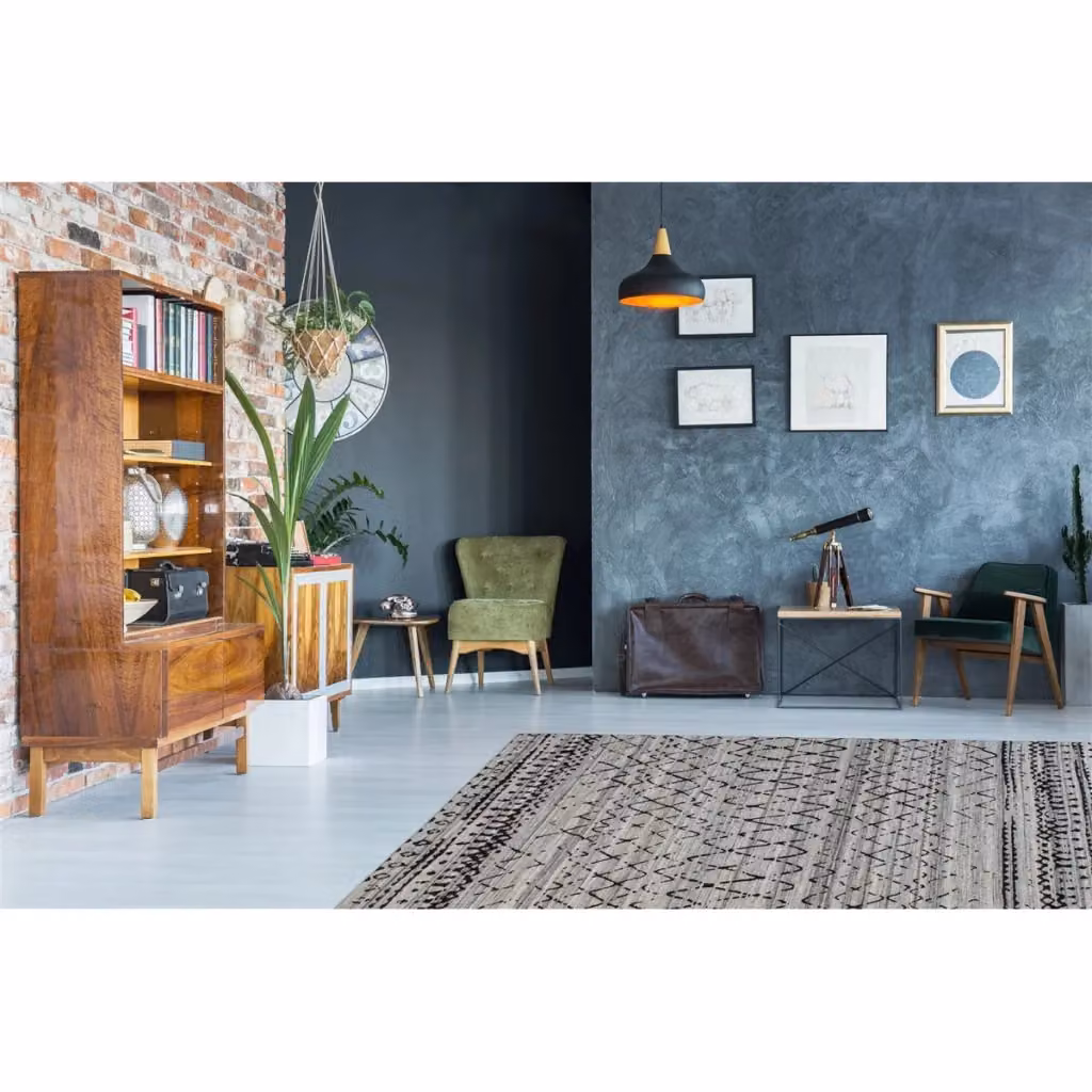 Tappeto Jacquard Phoenix 103 Kendra Home in lana e cotone, motivo geometrico moderno, grigio e beige – 2