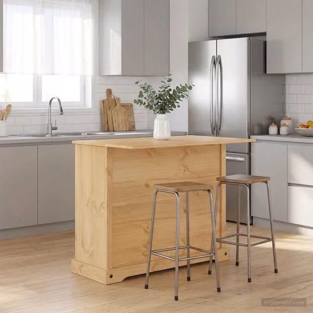 Set isola da cucina vidaXL in legno di pino color marrone e beige, stile minimalista, L/P/H: 112 x 70 x 91,5 cm