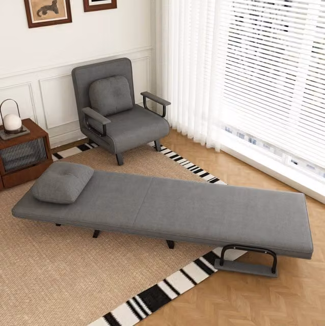 Poltrona Relax con Funzione Lettino, Schienale Regolabile in 5 Posizioni, Rivestimento in Chenille Grigio, Supporti Estraibili, Posizione Lettino a 180°