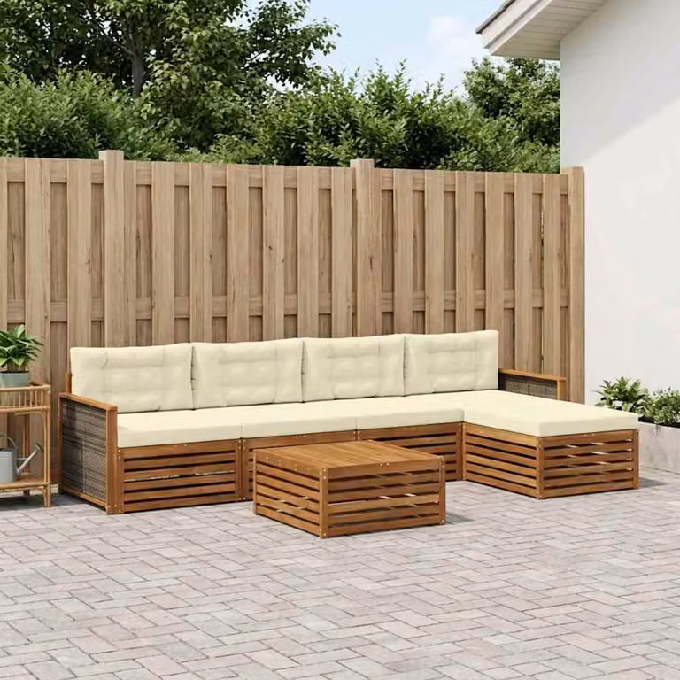 vidaXL Set di divani da esterno a L composto da 6 pezzi in legno di acacia con cuscini, tavolino e pouf, colori beige, bianco e marrone