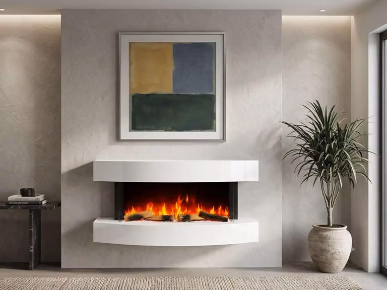 Stufa elettrica da parete, 121 cm, bianca - 2000W, effetto fiamma LED 3D - Riscaldamento elegante e intelligente