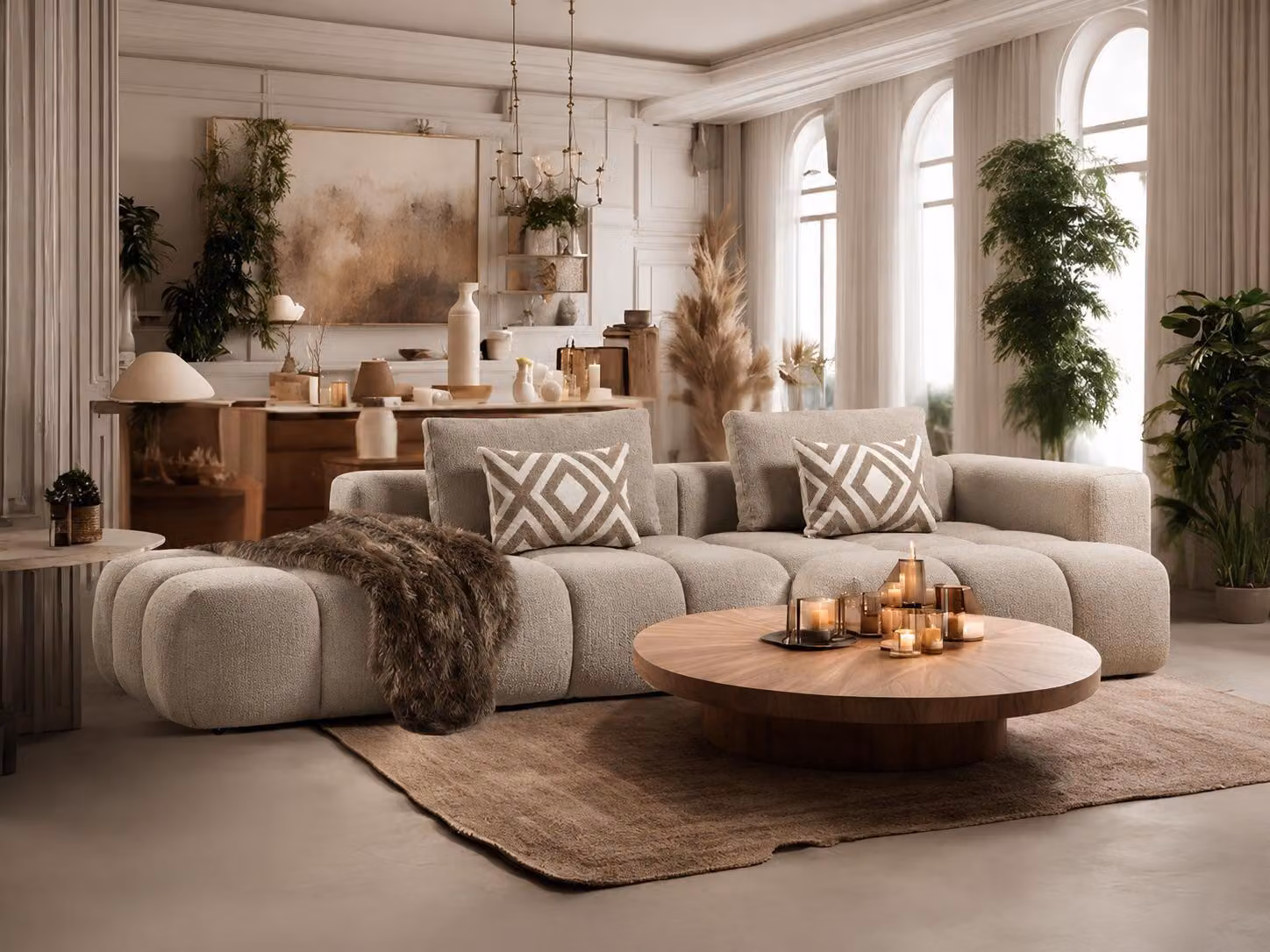 Divano ad angolo a forma di "L", beige, rivestito in tessuto, moderno, dal design elegante e confortevole