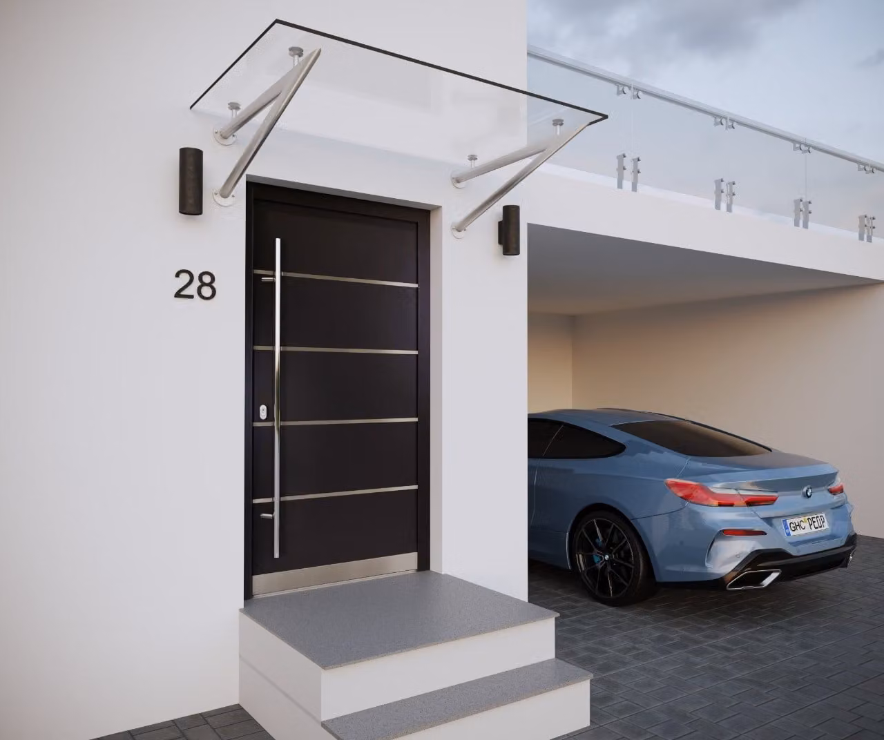 GlasHomeCenter - Pensilina in vetro - vetro trasparente - 200x90cm - 13,1mm VSG - incl. 3 staffe in acciaio inox variante "Roma"