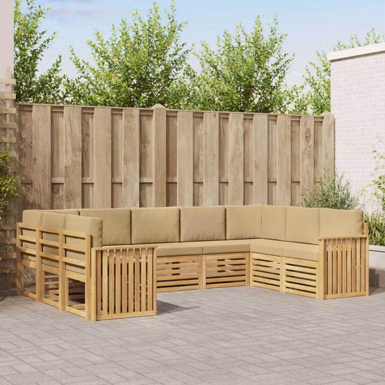 Set di divani da giardino a L vidaXL in legno di acacia massello con cuscini beige e marrone