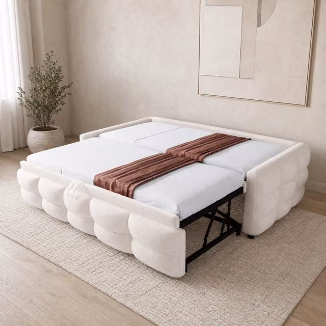 Letto imbottito 90/180x190 cm beige in Teddy con rete a doghe estraibile