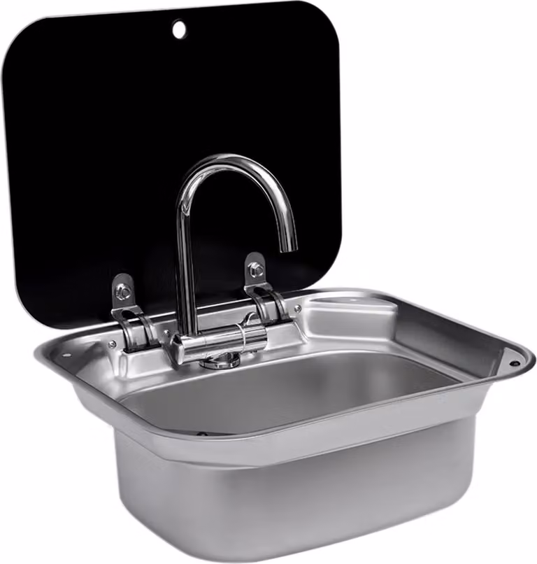 Lavello da campeggio per camper/roulotte - Lavello da incasso con coperchio - Acciaio inossidabile 304 - Vetro temperato - Rubinetto pieghevole - Resistente ai graffi - 41×36,5×16 cm - Rosso