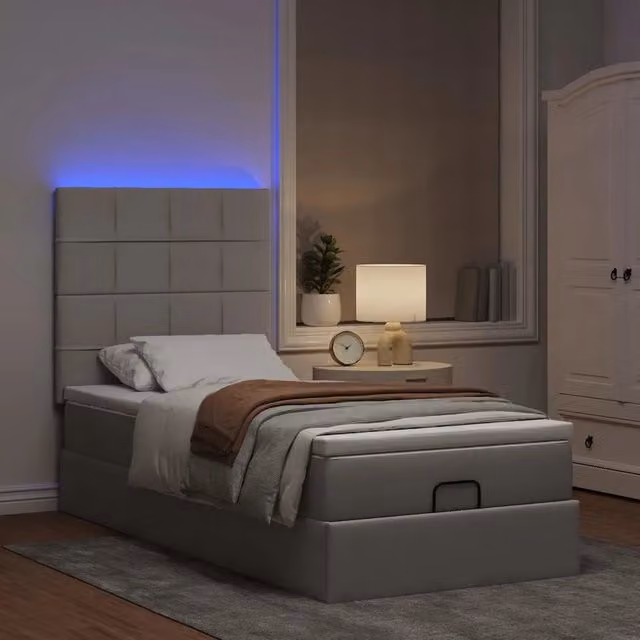 Letto con Pouf e Materasso vidaXL in Tessuto con Base a Sollevamento e Porte USB, Colori Beige, Bianco e Grigio, L 100 x P 200 cm