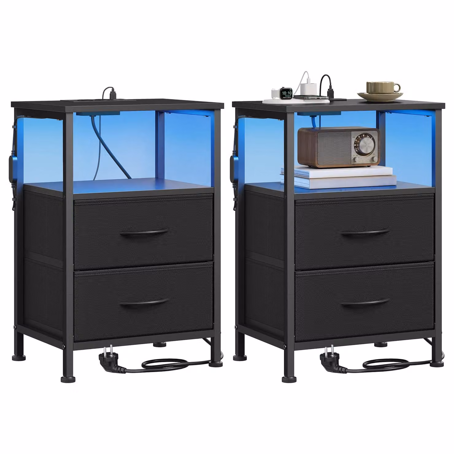 Comodini in acciaio e legno con ricarica LED e cassetti, 39,6 x 30 x 60,4 cm