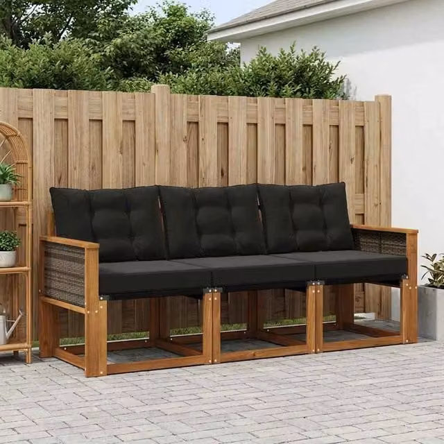 Set di divani da esterno vidaXL in legno di acacia e textilene, 3 pezzi, Marrone e Nero – 1