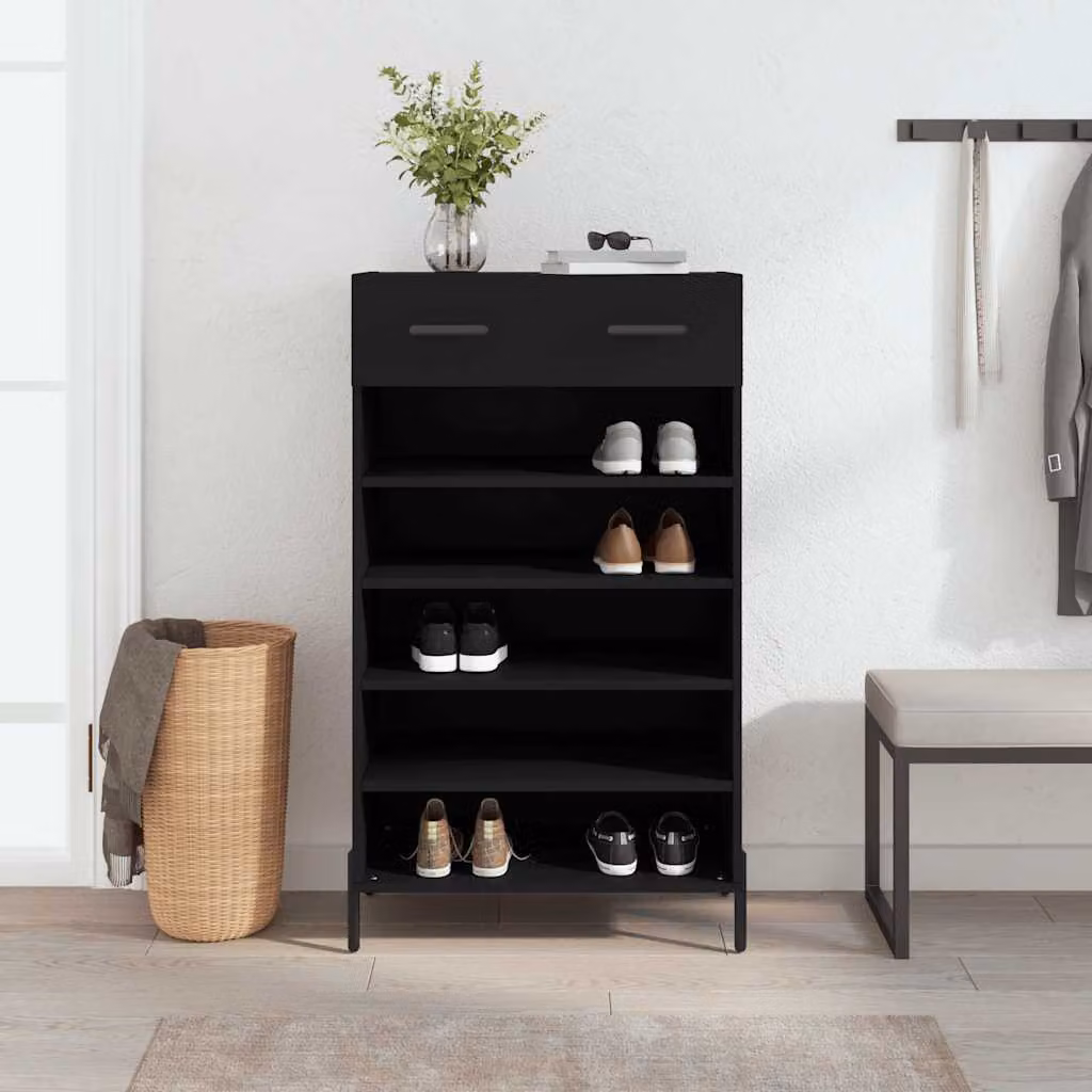 Scarpiera nera in stile industriale vidaXL con ripiani in legno e metallo, L 60 cm x P 35 cm x H 105 cm