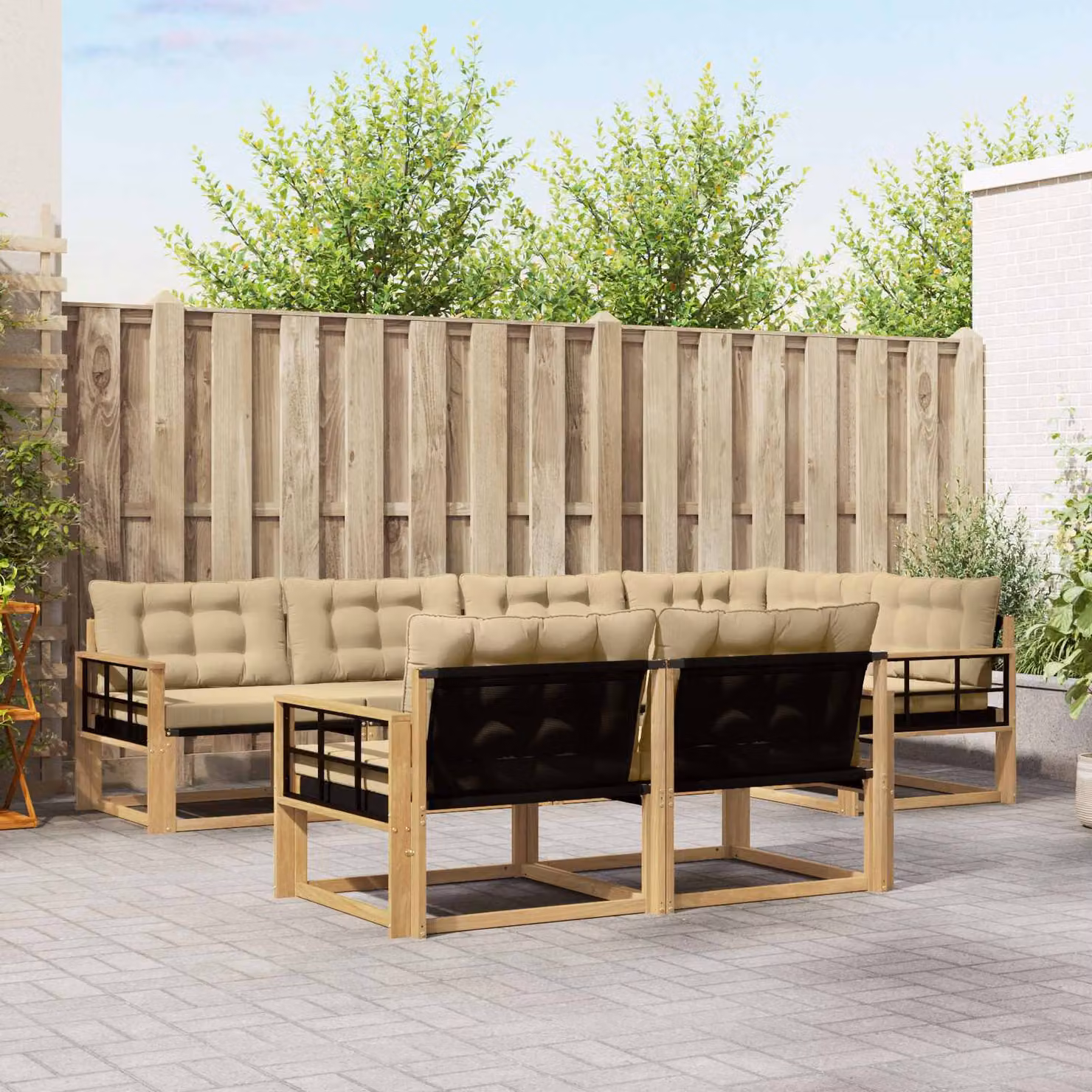 Set di divani da esterno vidaXL 7 pz in legno di acacia con cuscini bianchi e beige