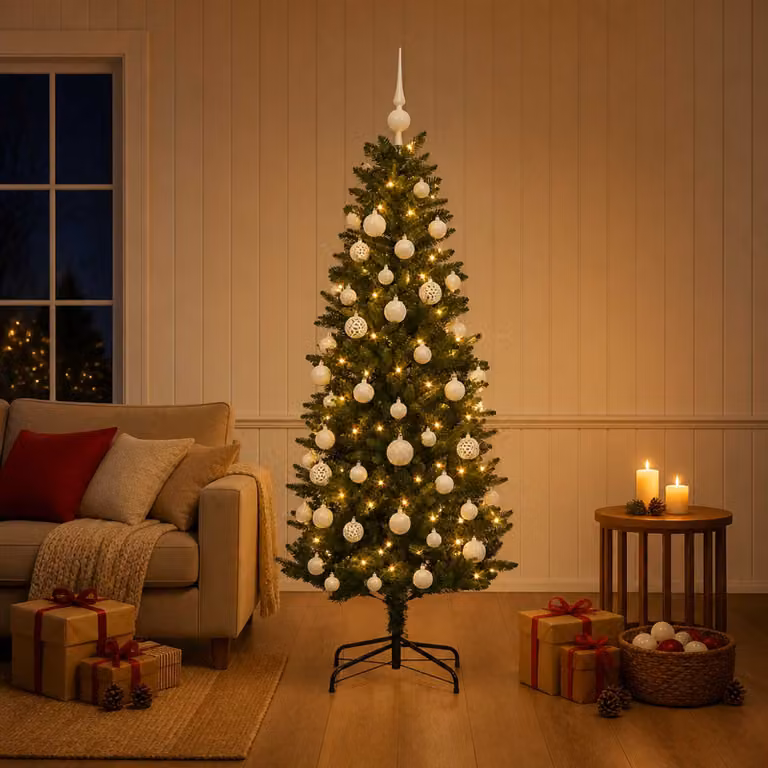 Albero di Natale Artificiale Moderno vidaXL Verde con 150 LED Warm White e Palline, Altezza: 120 cm