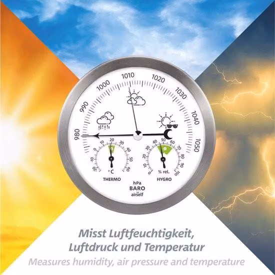 Stazione meteorologica in acciaio inox con barometro, termometro e igrometro per uso interno ed esterno